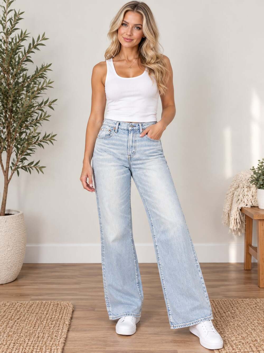 AE77 Premium Stovepipe Jeans Womens 8 Regular Light Wash Wide Leg High Rise
